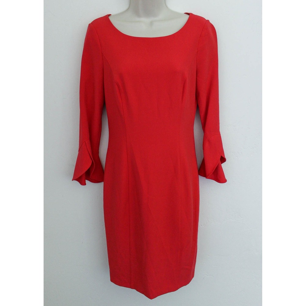 White House Black Market Sheath Dress Size 4 Red Tulip Flutter Sleeve Scoop Neck